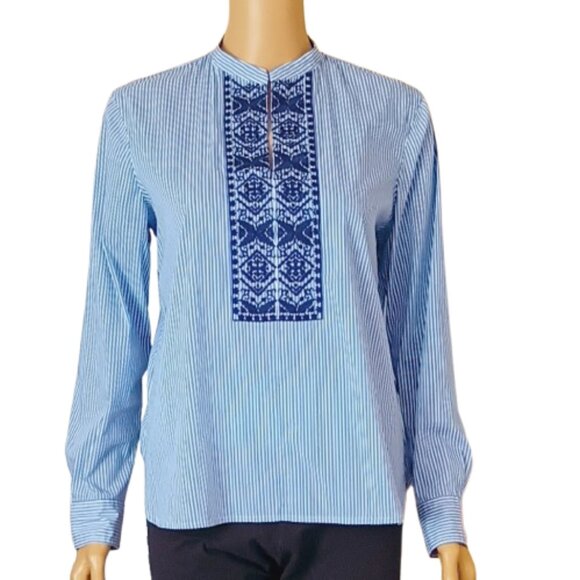 Chaps Embroidered Stripe Tunic Top PM Blue White Long Sleeve Scoop Hem Blouse - Picture 1 of 9